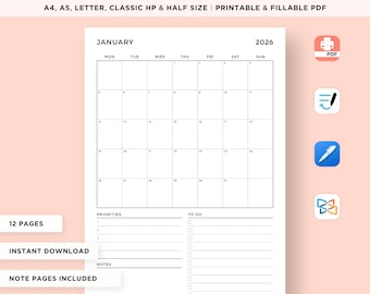 2026 Monthly Planner Printable, Fillable PDF, A4/A5/Letter Size (Digital Download)
