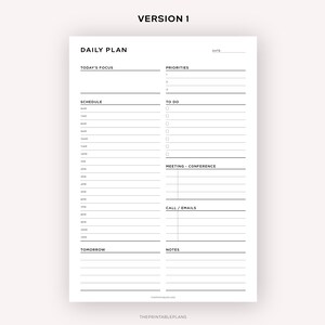 May include: A black and white daily planner with sections for today's focus, priorities, schedule, to do, meeting, call/emails, tomorrow, and notes. The planner has a simple design with a black header and lines for writing.