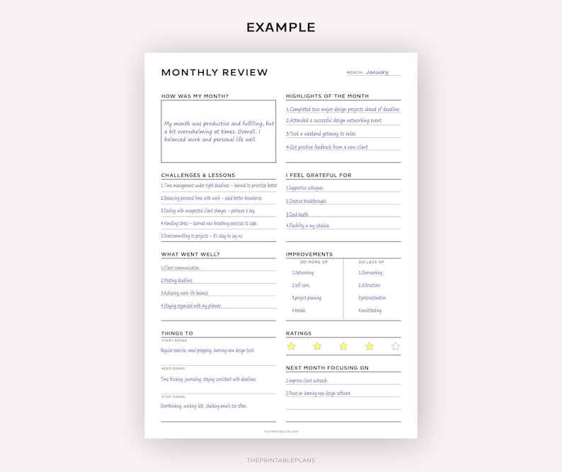 May include: A printable monthly review worksheet with sections for how your month was, highlights, challenges, improvements, things to do, ratings, and next month's focus. The worksheet is designed for personal reflection and goal setting.