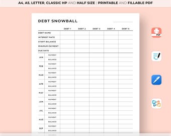 Debt Snowball Tracker, Debt Tracker, Debt Payoff Tracker Printable, Debt Payments, Finance & Budget Planner, A4/A5/Letter/Classic/Half size