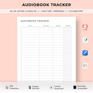 Journal du livre audio à imprimer, suivi de livre audio et journal, agenda pour les amateurs de livres, journal de lecture, A4/A5/Lettre/classique/demi-taille, téléchargement immédiat