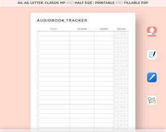 Audiobook Log Printable, Audiobook Tracker & Journal, Book Lovers Planner, Reading Journal, A4/A5/Letter/Classic/Half Size, Instant Download
