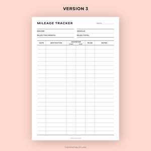May include: A printable mileage tracker with columns for date, destination, odometer start and stop, miles, and notes. The tracker is designed for tracking vehicle mileage.