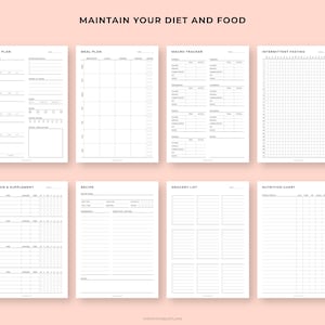 May include: A collection of eight printable planner pages with a light pink background. The pages include sections for meal planning, macro tracking, intermittent fasting, vitamin and supplement tracking, recipes, grocery lists, and nutrition charts. The text "MAINTAIN YOUR DIET AND FOOD" is at the top.