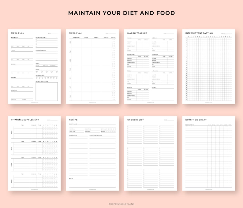 May include: A collection of eight printable planner pages with a light pink background. The pages include sections for meal planning, macro tracking, intermittent fasting, vitamin and supplement tracking, recipes, grocery lists, and nutrition charts. The text "MAINTAIN YOUR DIET AND FOOD" is at the top.