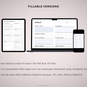 May include: Digital planner displayed on a tablet, laptop, and smartphone. The screens show fillable versions with sections for goals, progress tracking, and reflections. Text at the top reads "FILLABLE VERSIONS". Instructions are listed below the devices.
