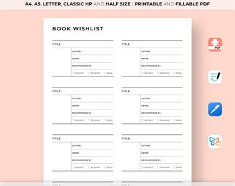 Book Wishlist Printable Template, Book Shopping Wishlist, Gift for Me, Book Lover Wishlist, Reading Wishlist, A4/A5/Letter/Classic/Half Size