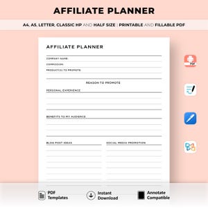 Affiliate Marketing Planner Printable, Affiliate Program Tracker, Sponsorship Collaboration Income, Promotion Side Hustle Business PDF