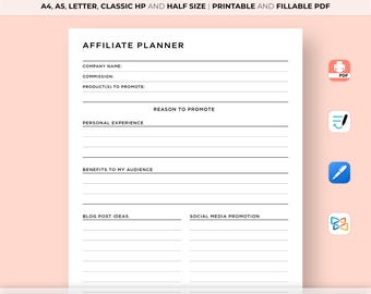 Utskrivbar planerare för affiliate-marknadsföring, spårning av affiliateprogram, intäkter från sponsring och samarbete, marknadsföring, sidoverksamhet i PDF-format.