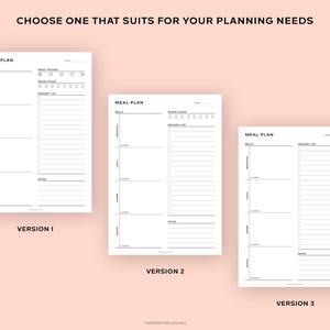 May include: Three different versions of a printable meal planner. Each version has a section for meals, a grocery list, and notes. The first version includes a mood tracker and water intake tracker. The second version includes a water intake tracker. The third version has a simple layout with just a meal section, grocery list, and notes.