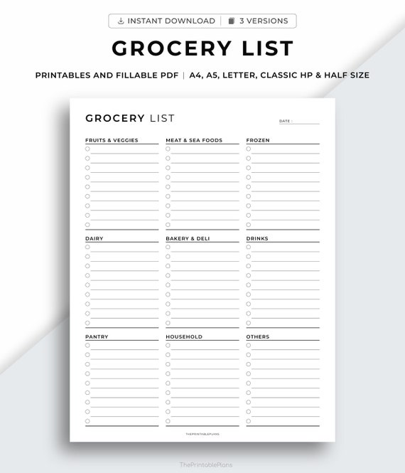 Grocery List Printable Template, Grocery Planner, Food Shopping List, A4/A5/Letter/Classic HP/Half Size, Instant Download PDF
