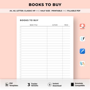 Modèle de livres à acheter, liste de livres à acheter, livres à acheter, livres d'envies, liste de livres à imprimer, A4/A5/Letter/Classic HP/demi-format