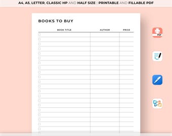 Books To Buy Template, Books To Buy List Page, Books To Purchase, Book Wishlist, Book List Printable, A4/A5/Letter/Classic HP/Half Size