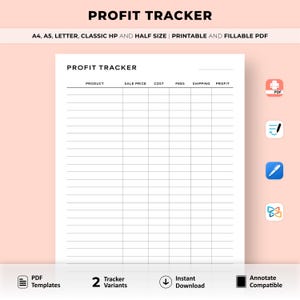 Rastreador de ganancias de productos imprimible, registro de ganancias de ventas, calculadora de ganancias, registro de ventas, planificador para pequeñas empresas, A4/A5/carta/clásico/medio