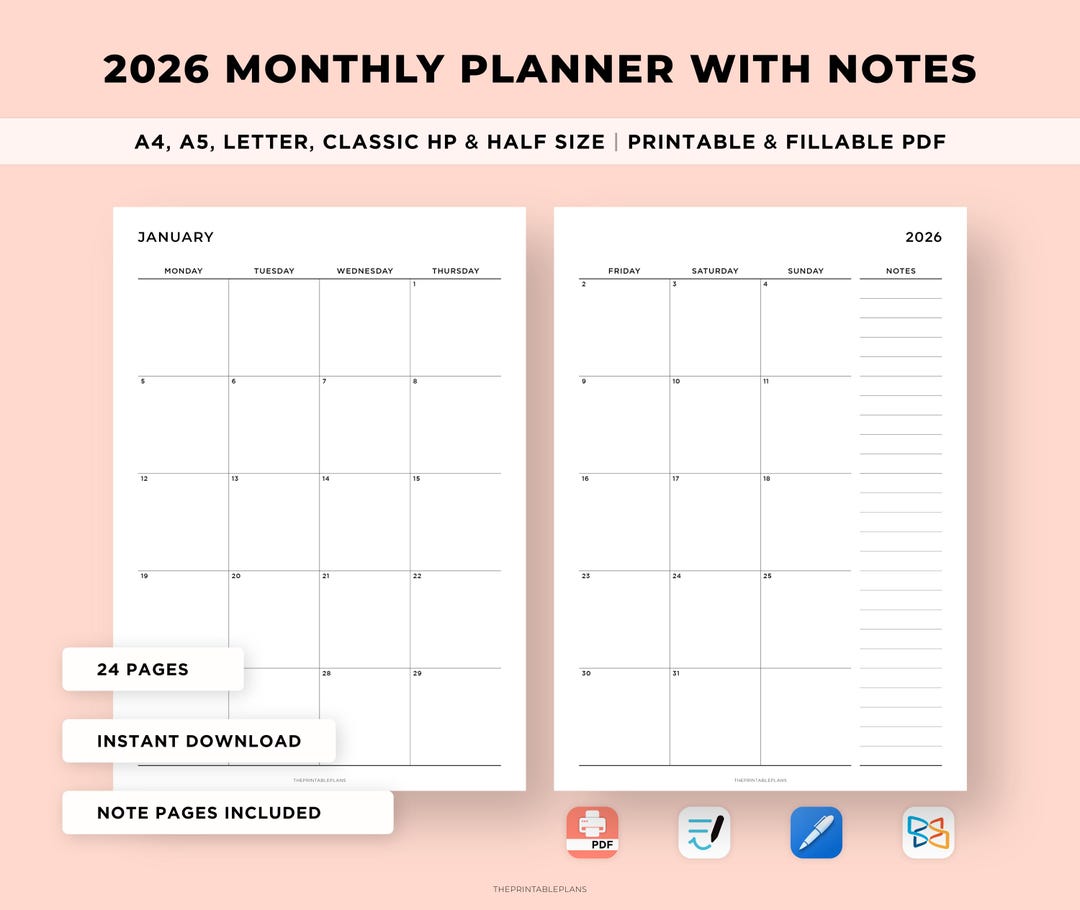 2026 Monthly Planner Printable, 2026 Calendar, Dated Month on 2 Pages
