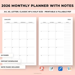 May include: A two-page spread of a 2026 monthly planner with notes. The left page shows a January calendar layout, and the right page has space for notes. Text includes "2026 Monthly Planner with Notes" and "Printable & Fillable PDF."
