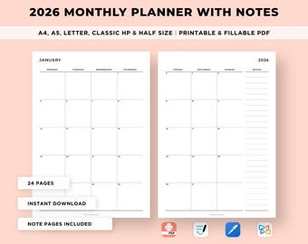 2026 Monthly Planner Printable, 2026 Calendar, Dated Month on 2 Pages, Month at a Glance, Monthly Organizer, A4/A5/Letter/Classic/Half Size