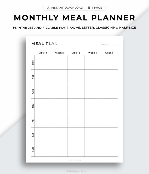 Monthly Meal Planner Printable, Menu Planner, Food Planner, Diet, Health & Fitness, A4/A5/Letter/Classic HP/Half Size, Instant Download PDF