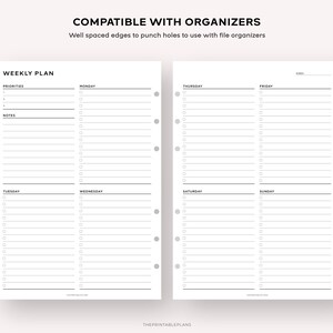 Pu&ograve; includere: Un planner settimanale stampabile con spazio per priorit&agrave;, note e attivit&agrave; quotidiane. Il planner &egrave; progettato per essere compatibile con gli organizzatori di file, con bordi ben spaziati per perforare i fori.