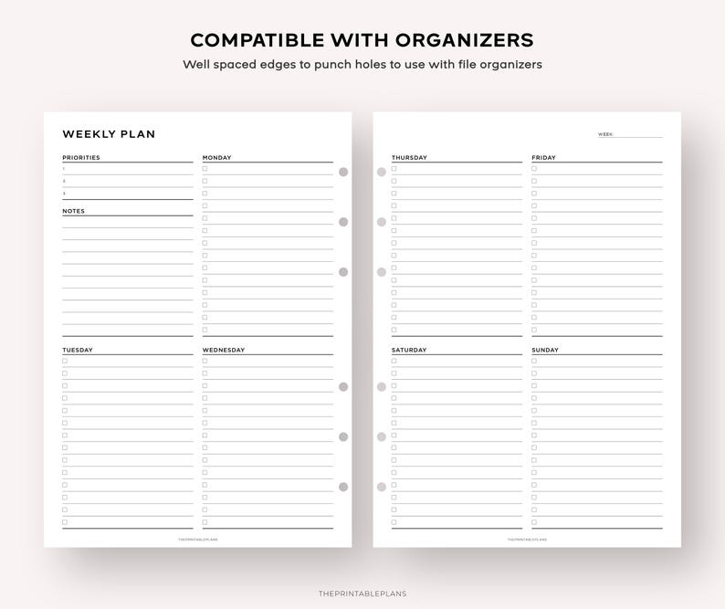 Pu&ograve; includere: Un planner settimanale stampabile con spazio per priorit&agrave;, note e attivit&agrave; quotidiane. Il planner &egrave; progettato per essere compatibile con gli organizzatori di file, con bordi ben spaziati per perforare i fori.