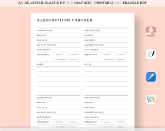 Subscription Tracker Printable, Membership Tracker, Subscription Checklist, Expense Tracker, Budget Template, A4/A5/Letter/Classic/Half Size
