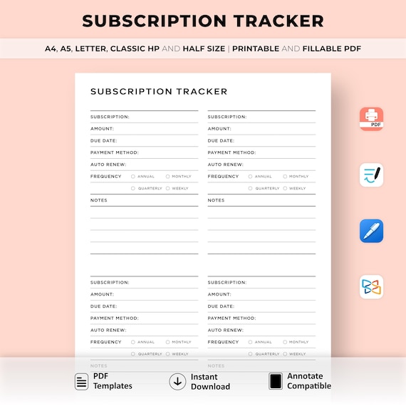 Subscription Tracker Printable, Membership Tracker, Subscription Checklist, Expense Tracker, Budget Template, A4/A5/Letter/Classic/Half Size