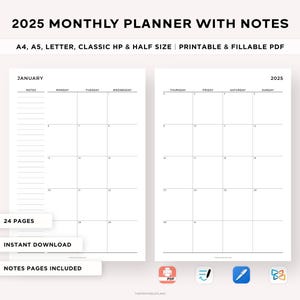 Planificador mensual imprimible 2025, mes con fecha en 2 páginas, calendario 2025, resumen del mes, organizador mensual, tamaño A4/A5/carta/clásico/medio
