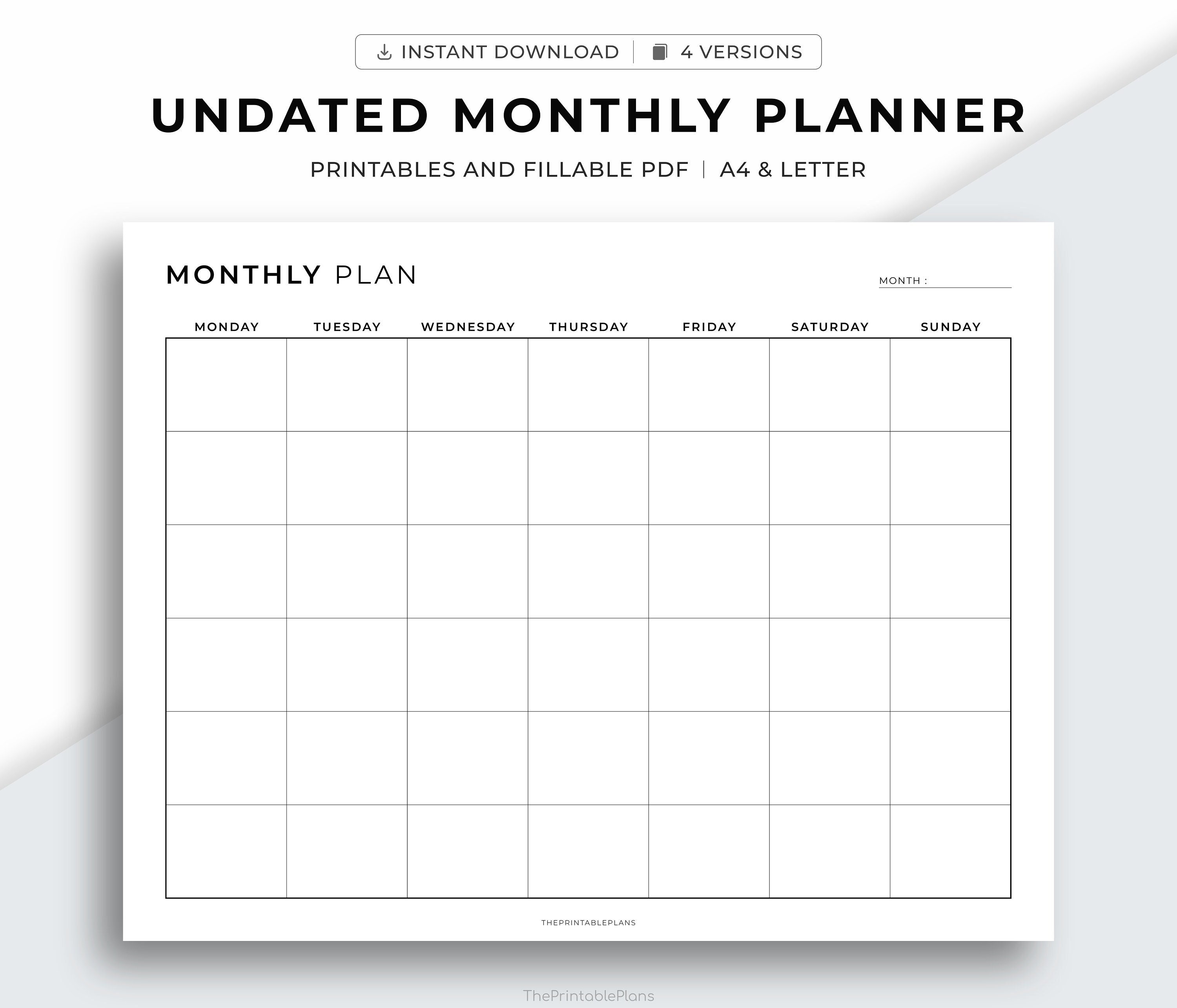 Undated Monthly Planner Printable Landscape, Monday & Sunday Start, Ink ...