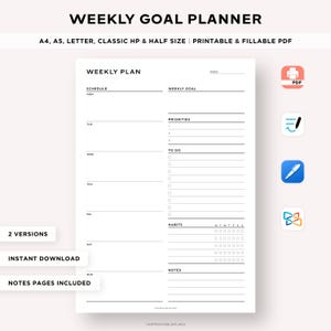 Weekly Goal Planner Printable, Undated Weekly Agenda, Weekly Schedule Organizer, Week At a Glance, To Do List, A4/A5/Classic HP/Letter/Half