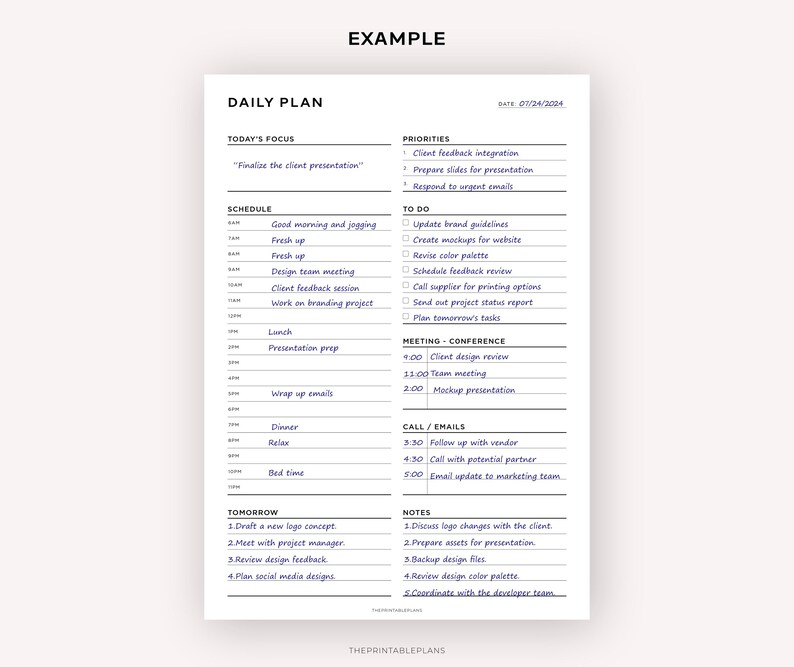 May include: A daily planner with a purple and white color scheme. The planner includes sections for priorities, to-do list, meetings, calls, and notes. The planner is dated July 24, 2004.