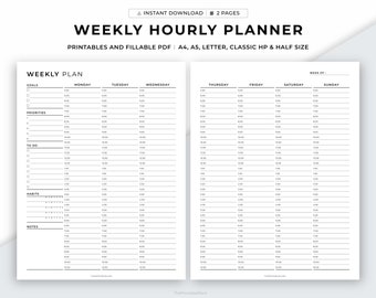 Weekly Hourly Planner Printable, Weekly Schedule, Daily Planner, Undated Planner, Weekly Organizer, Adhd, To Do List Printable A4/A5/Classic