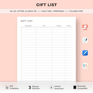 Planejador de lista de presentes simples para impressão, ideias para presentes, rastreador de presentes, lista de compras de presentes, registro de compras, A4/A5/Carta/Classic HP/tamanho médio, preenchível
