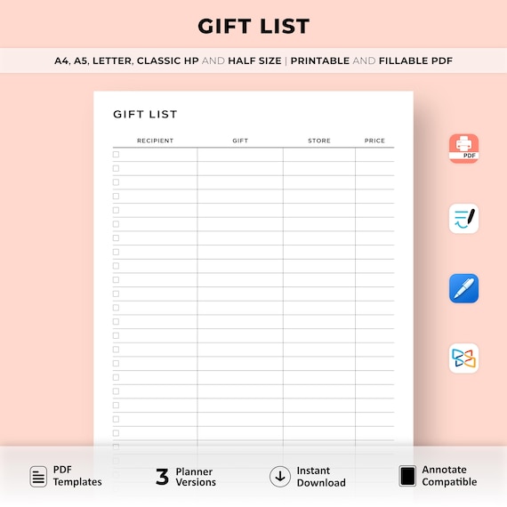 Simple Gift List Planner Printable, Gift Ideas, Gift Tracker, Gift Shopping List, Purchase Log, A4/A5/Letter/Classic HP/Half Size, Fillable