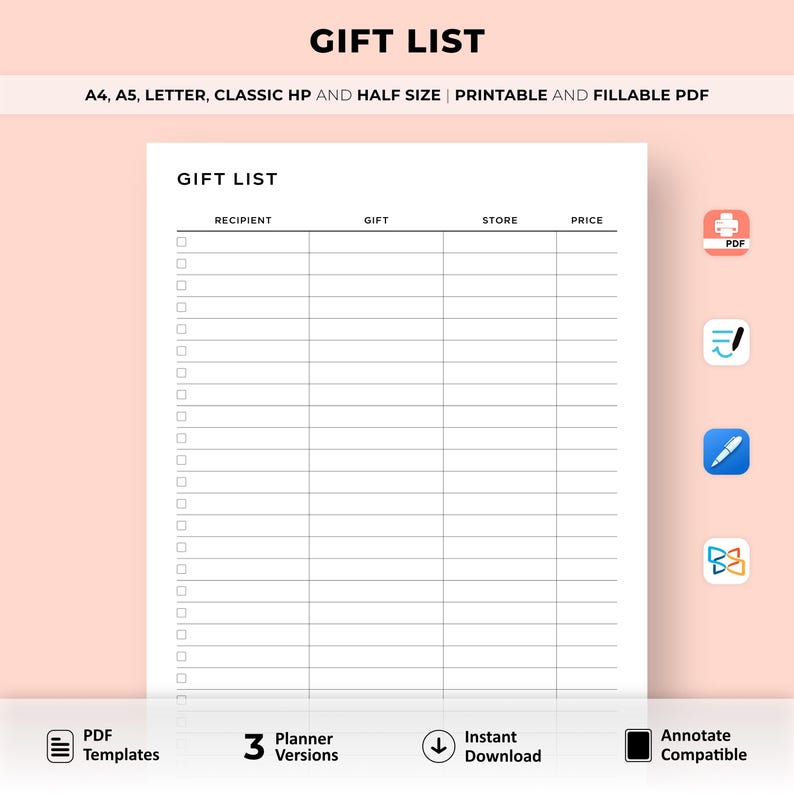 May include: A printable gift list template with columns for recipient, gift, store, and price. The template is designed for easy organization and planning of gifts for various occasions.