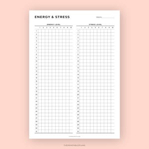 May include: A printable tracker for monitoring energy and stress levels. The tracker has two columns, one for energy level and one for stress level. Each column has a scale of 1 to 10 and is divided into 31 rows, representing the days of the month. The tracker is designed to help users track their energy and stress levels over time.