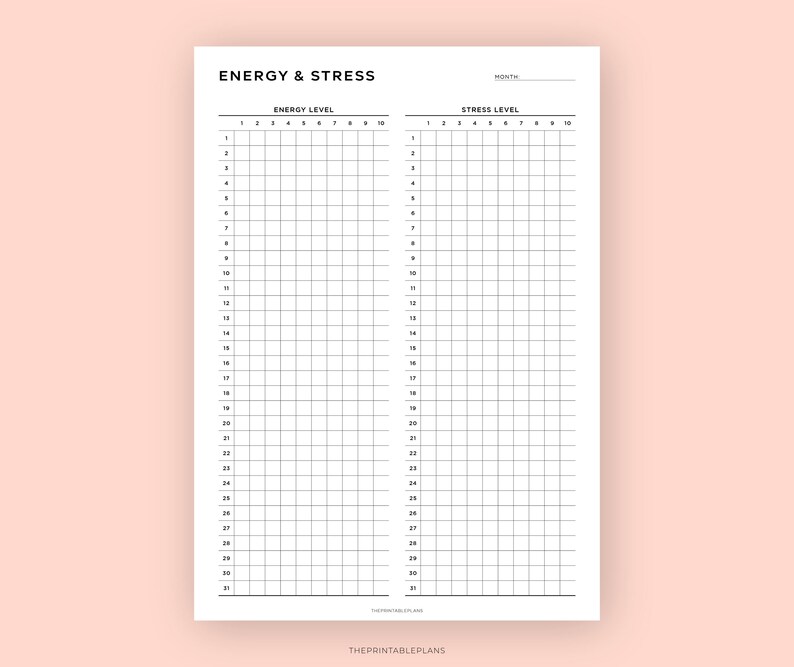 May include: A printable tracker for monitoring energy and stress levels. The tracker has two columns, one for energy level and one for stress level. Each column has a scale of 1 to 10 and is divided into 31 rows, representing the days of the month. The tracker is designed to help users track their energy and stress levels over time.