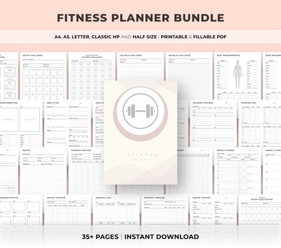 Printable Health and Fitness Planner Bundle, Fitness Journal, Diet, Workout Trackers, Meal planner, Running Log, A4/A5/Letter/Classic/Half