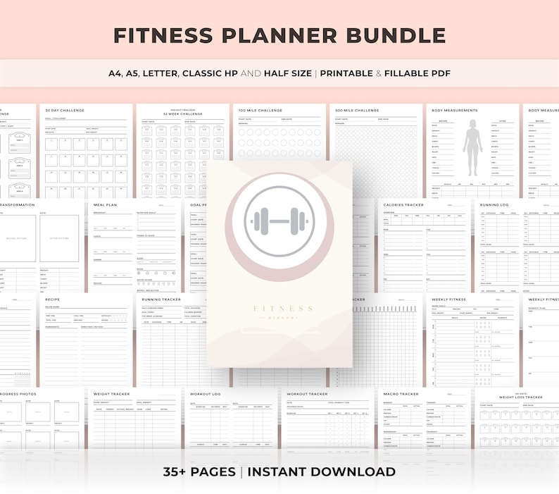 May include: A fitness planner bundle with various pages for tracking workouts, meals, and body measurements. The cover features a dumbbell icon within a pink circle. Text includes "Fitness Planner Bundle", "Printable & Fillable PDF", and "35+ Pages Instant Download".