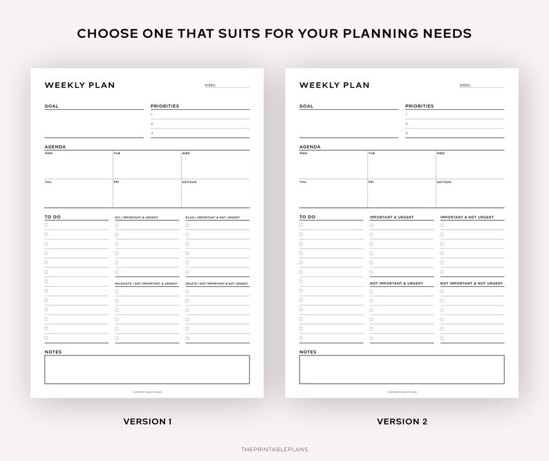 Op de afbeelding: Twee zwart-witte printbare wekelijkse planner sjablonen. De eerste sjabloon heeft een sectie voor doelen, prioriteiten, agenda en takenlijst. De tweede sjabloon heeft een sectie voor doelen, prioriteiten, agenda en takenlijst, met een extra kolom voor belangrijke en dringende taken. Beide sjablonen hebben een sectie voor notities.