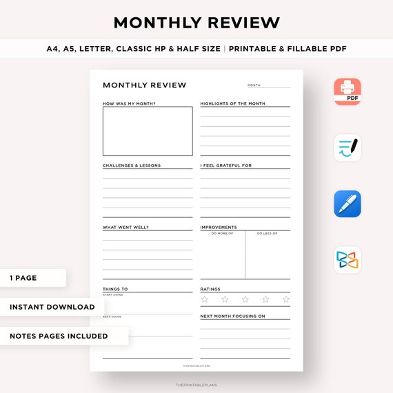 Monthly Review Printable, Monthly Reflection, Monthly Evaluation, Monthly Summary, Insert Template, A4/A5/Letter/Classic HP/Half Size