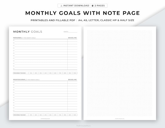 Goal Planner, Printable Monthly Goals, Goal setting, Personal Goals, Professional Goals, A4/A5/Letter/HP Classic/Half, Goodnotes PDF