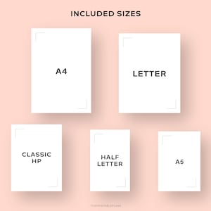 Puede incluir: Un gr&aacute;fico que muestra los diferentes tama&ntilde;os incluidos en un planificador imprimible: A4, Letter, Classic HP, Half Letter y A5.