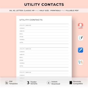 Plantilla de contactos de servicios públicos imprimible, lista de contactos de proveedores de servicios, organizador de información de servicios públicos, libreta de direcciones, A4/A5/carta/clásica/media