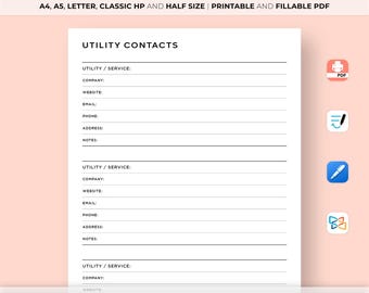 Utility Contacts Template Printable, Service Provider List (A4/A5/Letter)
