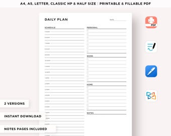 Personal Daily Planner Printable, Office Organizer, Work Planner, Productivity Planner, Daily Hourly Planner, A5/A4/Letter/Classic/Half Size