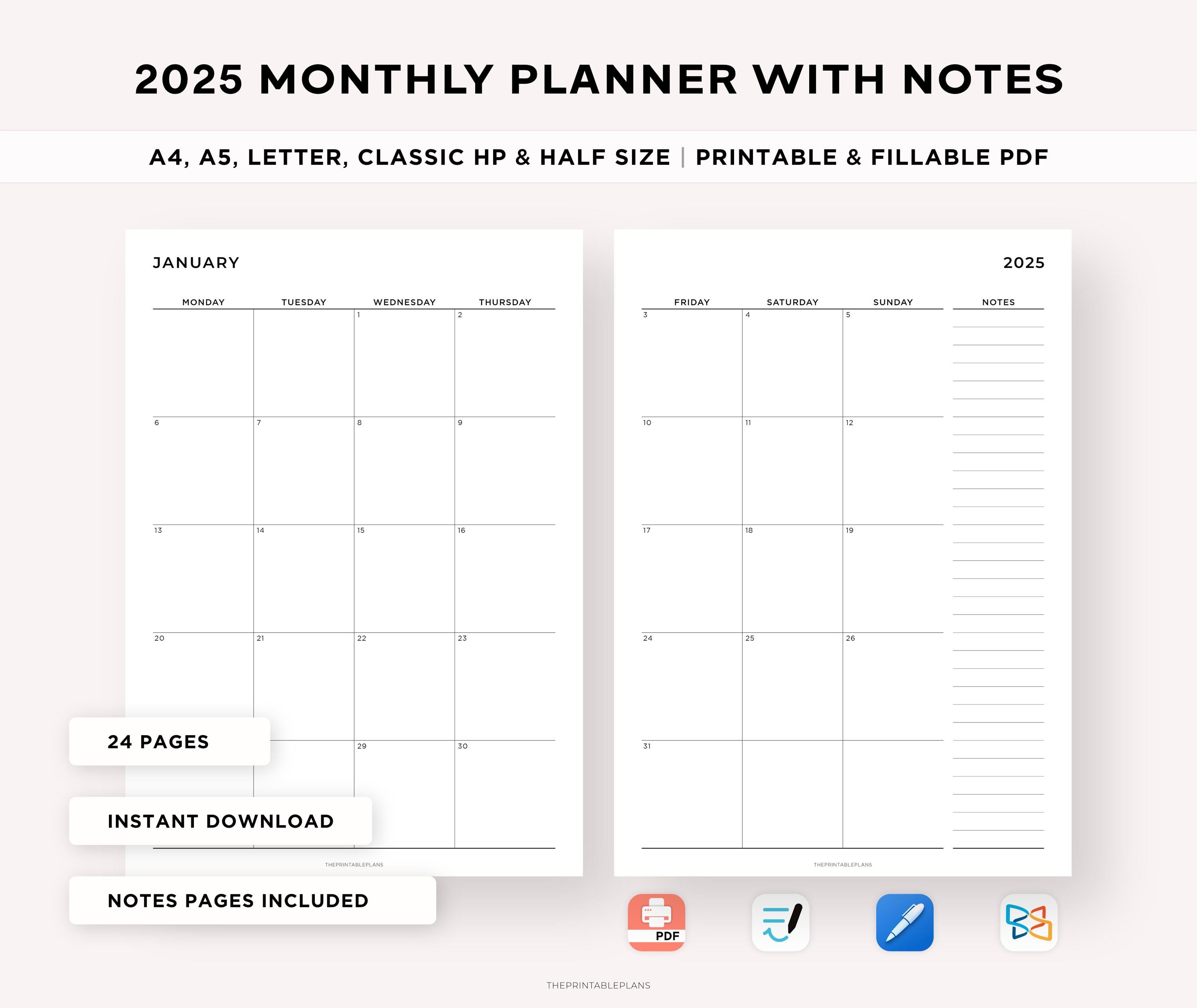 2025 Monthly Planner Printable, Dated Month on 2 Pages, 2025 Calendar, Month at a Glance, Monthly Organizer, A4/A5/Letter/Classic/Half Size