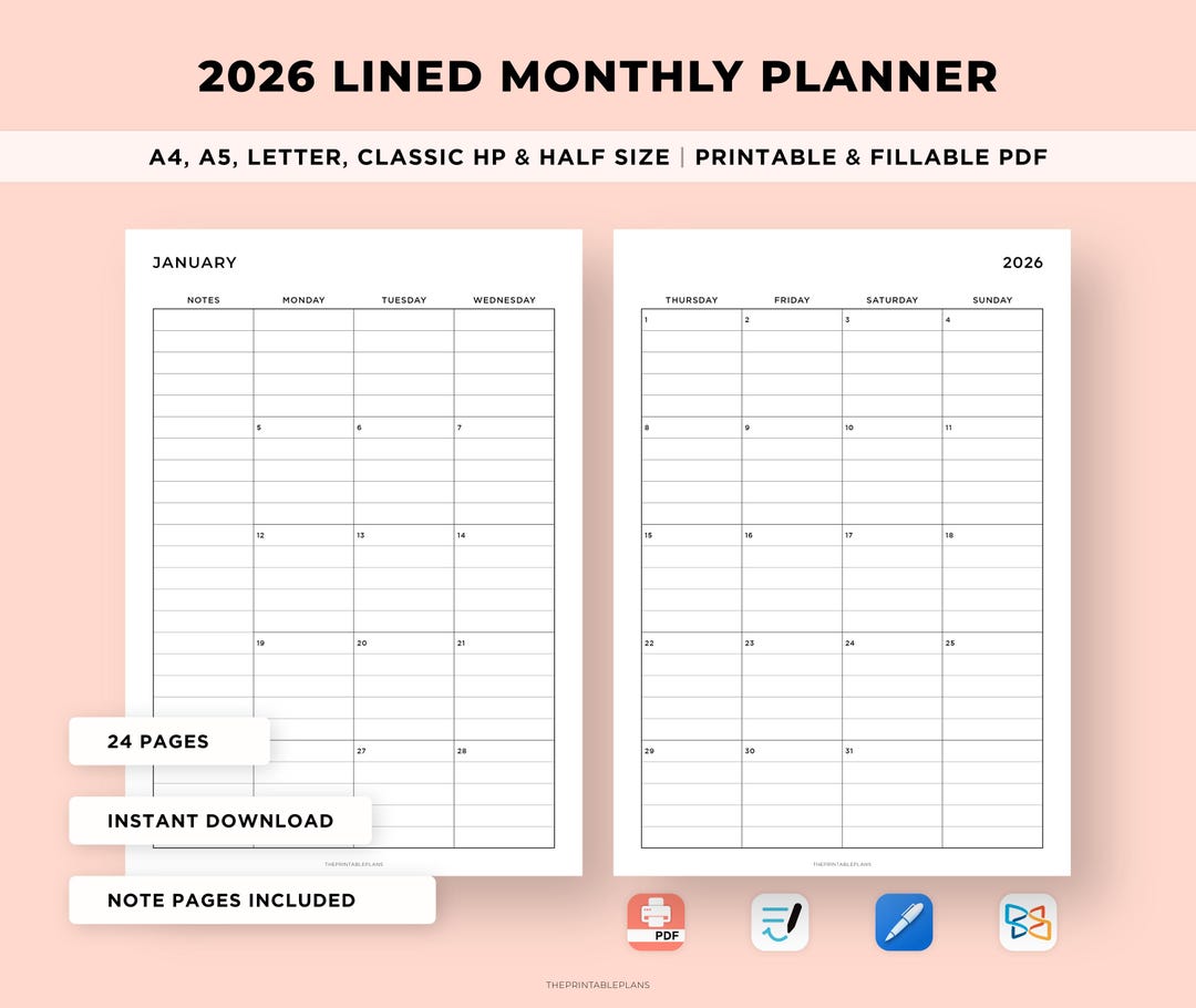 2026 Lined Monthly Planner Printable (a4/a5/letter/half) - Etsy