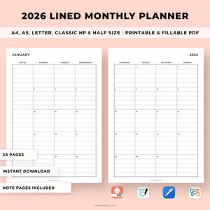 May include: A digital 2026 lined monthly planner with a white background. The planner includes a January calendar spread with space for notes and daily entries. Text includes "2026 Lined Monthly Planner" and "Printable & Fillable PDF."
