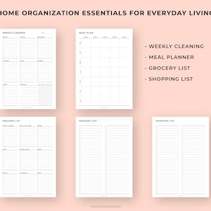 Puede incluir: Colecci&oacute;n de p&aacute;ginas de planificador imprimibles para la organizaci&oacute;n del hogar. Incluye un programa de limpieza semanal, planificador de comidas, lista de compras y lista de compras. P&aacute;ginas blancas con texto negro.