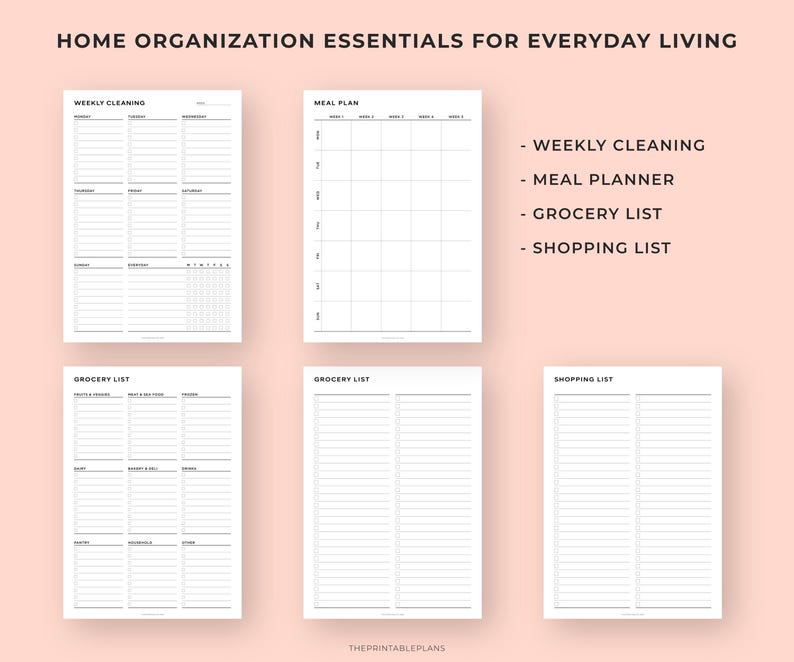 Puede incluir: Colecci&oacute;n de p&aacute;ginas de planificador imprimibles para la organizaci&oacute;n del hogar. Incluye un programa de limpieza semanal, planificador de comidas, lista de compras y lista de compras. P&aacute;ginas blancas con texto negro.